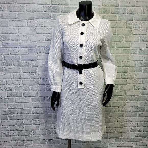 Vintage 60s Micia of Rome Robert Peters White Waffle Knit Polyester Mod Dress - Picture 1 of 10